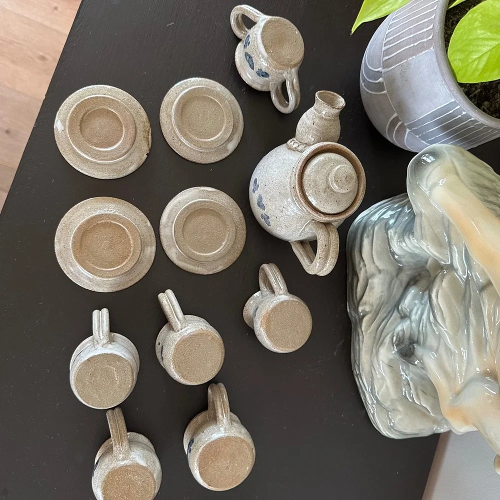 VTG Rowe Pottery Miniature Tea Set Salt Glazed Stoneware Blue Heart Cottagecore